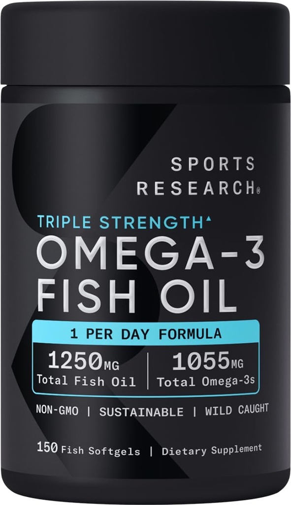 Sports Research Triple Strength Omega 3 Fish Oil - Burpless Fish Oil Supplement w/EPA & DHA Fatty Acids from Wild Caught Fish - Heart, Brain &amp; Immune Support for Men & Mujer - 1250 mg, 150 ct