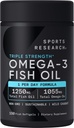 Sports Research Triple Strength Omega 3 Fish Oil - Burpless Fish Oil Supplement w/EPA & DHA Fatty Acids from Wild Caught Fish - Heart, Brain &amp; Immune Support for Men & Mujer - 1250 mg, 150 ct