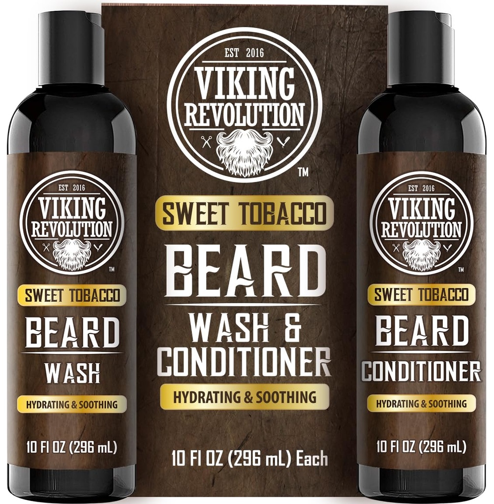 Viking Revolution Beard Wash and Beard Conditioner for Men with Argan Oil and Jojoba Oil - Beard Softener and Strengthener Beard Care Beard Shampoo and Conditioner with Beard Oil (10oz, Sweet Tobacco)