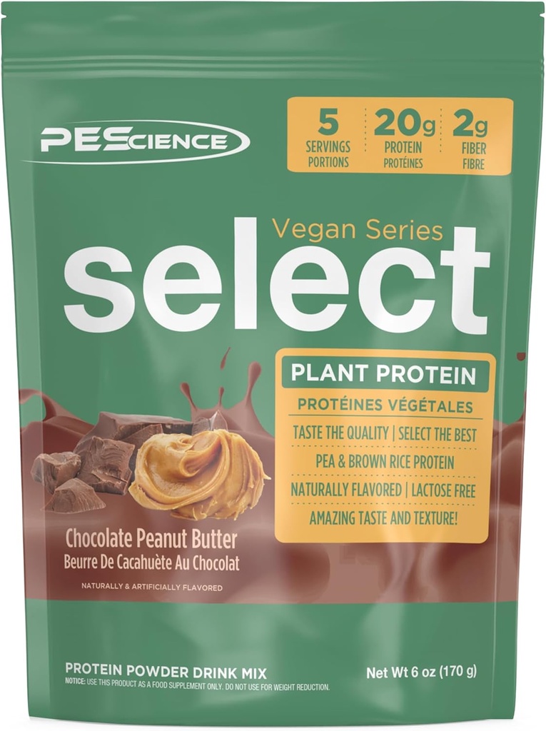 PEScience Select Vegan Protein Powder, Planta Basada Proteína Polvo, Sabor Increíble, Textura Smooth, Pea and Brown Rice Blend, Dairy Free, Lactose Free, Gluten Free - Chocolate Peanut Butter, 5 Servings