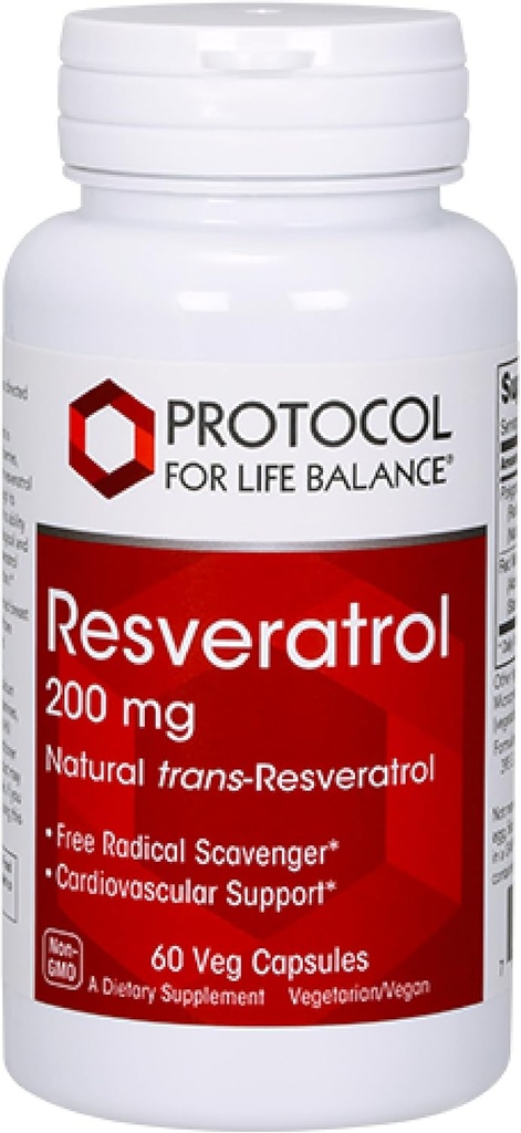PROTOCOL FOR LIFE BALANCE Resveratrol 200 mg - Trans-Resveratrol - with Japanese Knotweed & Grape Seed Extract - Vegan " Non-GMO - 60 Veg Capsules