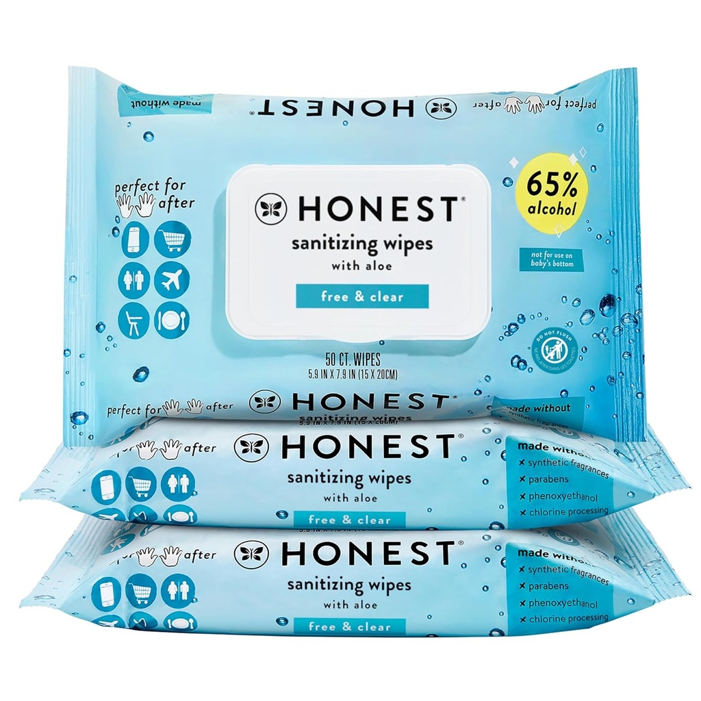 The Honest Company Fragrance-Free Sanitizing Alcohol Wipes, Antibacterial Hand Wipes with Aloe, Kills 99% of Germs, Safe for Hands, 150 Count (3 Packs of 50)