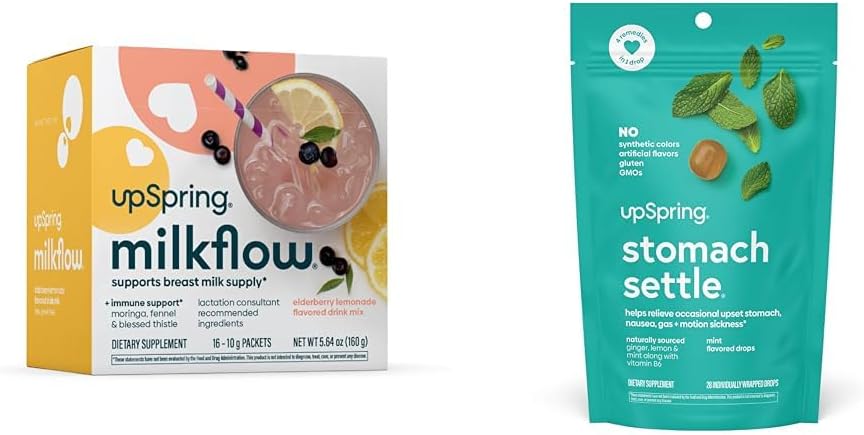 UpSpring Stomach Settle Drops, Mint Flavour, 28 Ct+Milkflow Breastfeeding Supplement Drink Mix with Moringa & Beat Thistle, No Fenugreek ←Elderberry Lemonade Flavor ← 16 Drink Mixes