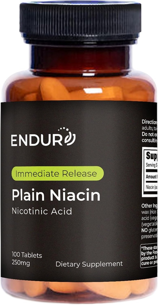 Endur Plain Niacin (Acido Nicotínico), Heart Health &amp; Healthy Cholesterol Balance Suplemento, Fórmula de liberación inmediata, Gluten Free, 250mg (100 Tablets)