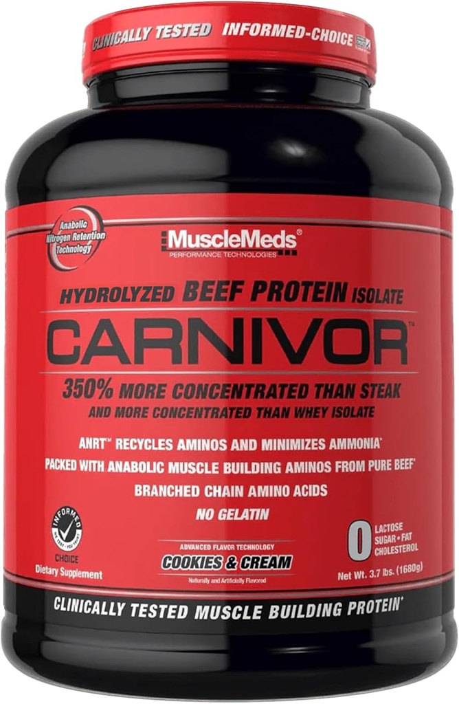 MuscleMeds Carnivor Beef Protein Isolate Powder, Cookies &amp; Cream, 56 Actuaciones, 1680 Gram, 59.2 Ounce, 3.7 Libra