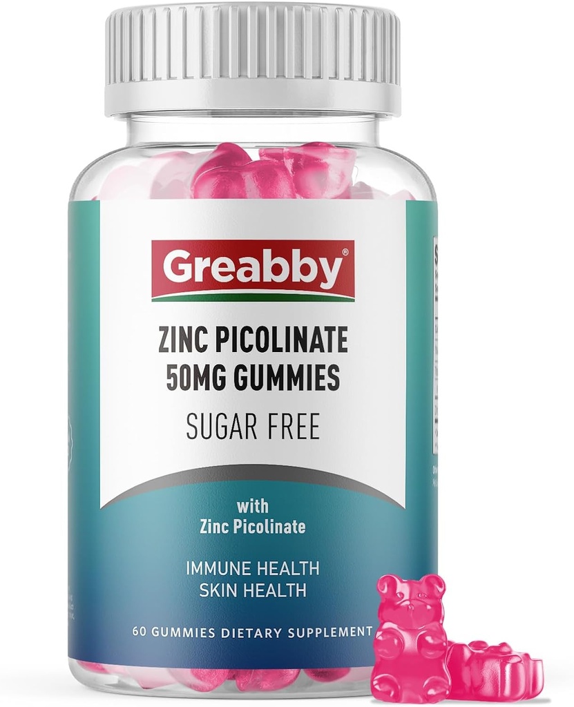 Zinc Gummies - Zinc Picolinate 50mg, Sugar Gratis, Altamente Absorbable Zinc Picolinate Suplemento para Adultos Niños, Apoyo Crecimiento, Función Inmunitaria, Salud de la piel, 60 Gummies