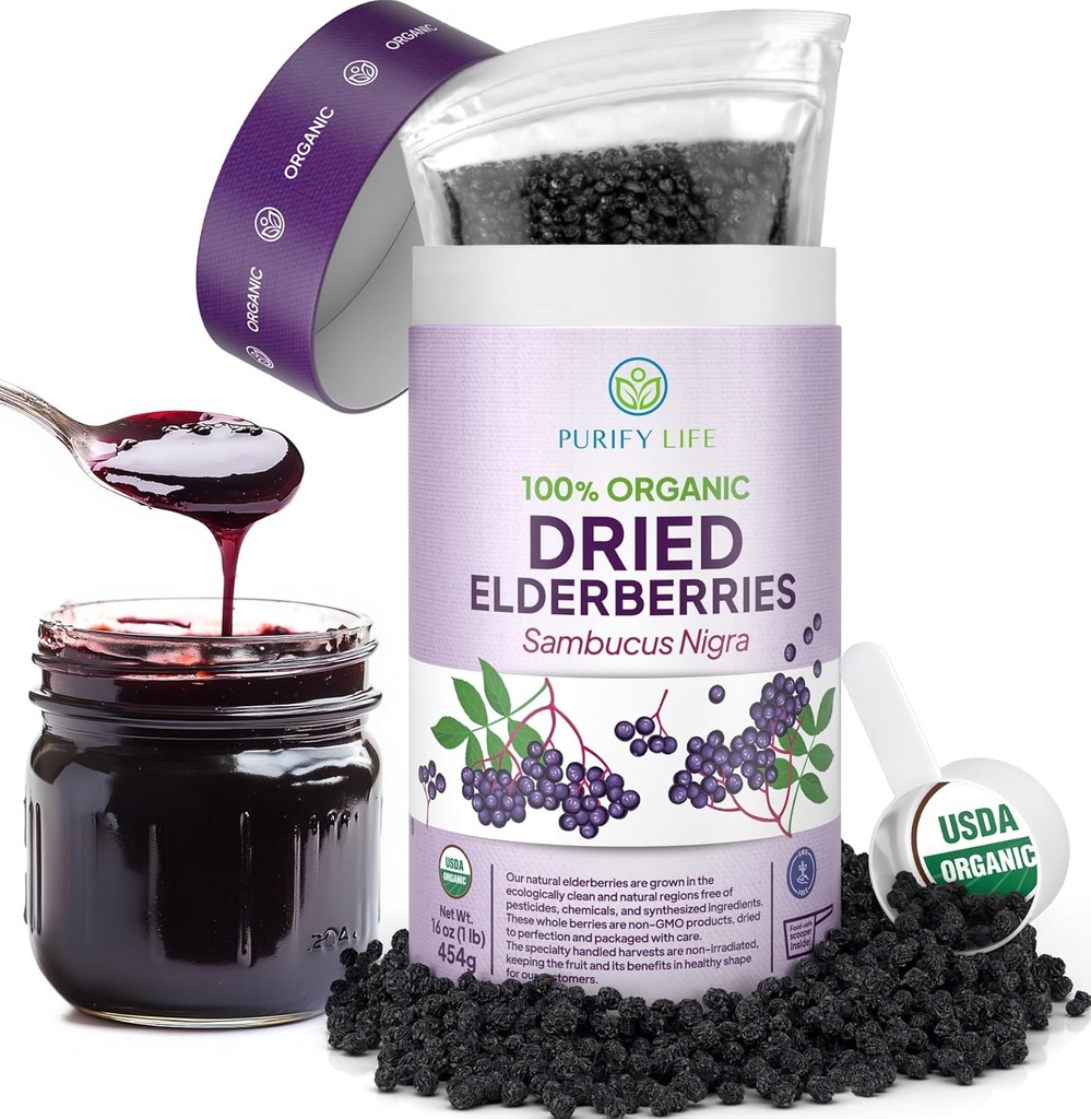 USDA Organic Dried Elderberries 1lb Bulk (Safest Packaging, Resealable Bag, BPA-Free Scoop) Natural, no irradiado, Raw Whole Black Elderberry, Immune Support, Make Sambucus Elderberry Syrup, 1 Pound
