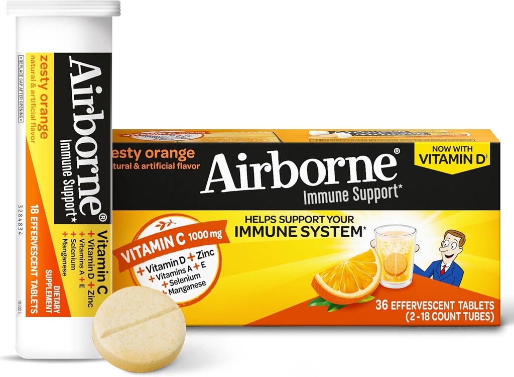 Vitamina C 1000mg (por servicio) - Airborne Zesty Orange Effervescent Tablets (36 cuentan en una caja), Gluten-Free Immune Support Suplemento Con Vitaminas A C E, ZINC, Selenium, Echinacea &amp; Ginger