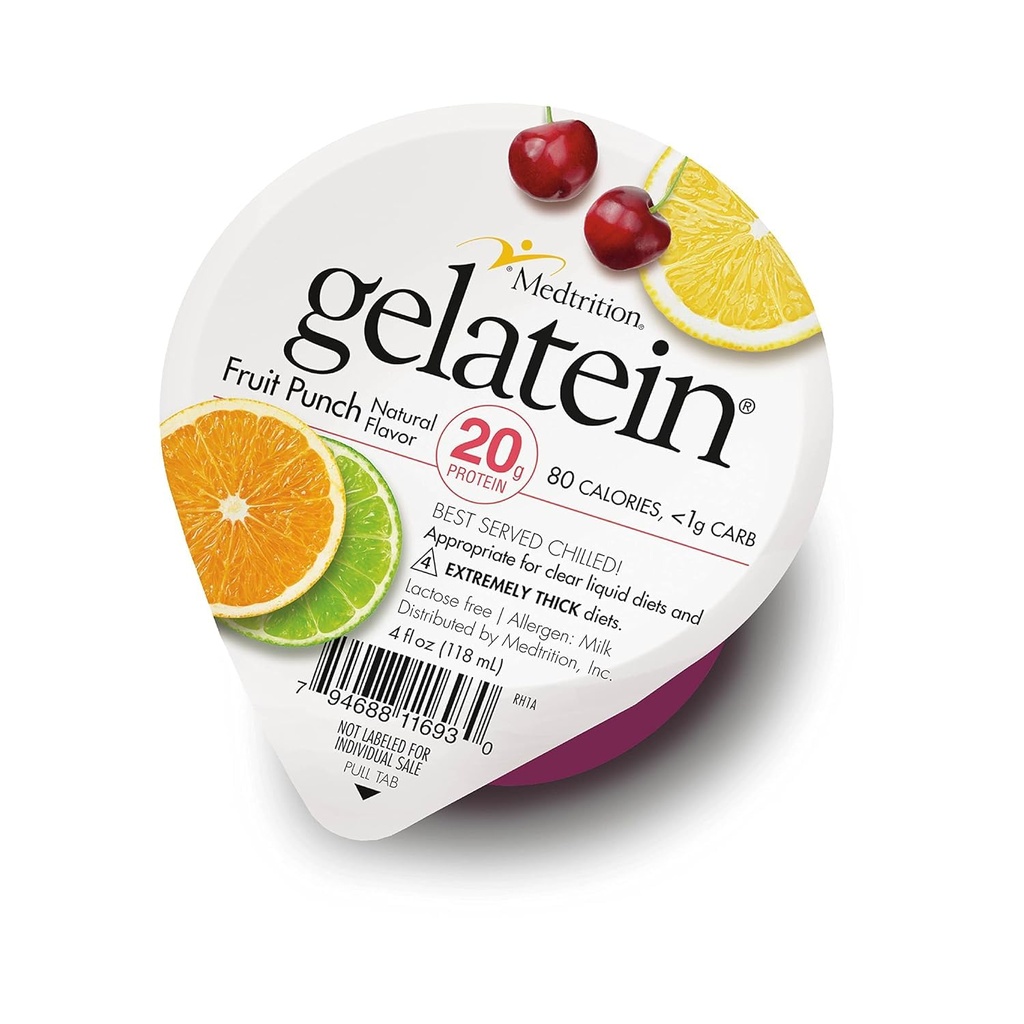 Gelatein Fruit Punch: 20 gramos de proteína. Azúcar libre. Ideal para dietas líquidas claras, dificultades para tragar, bariatría, diálisis y oncología. Gran pre o post-workout snack. (12 pack)...
