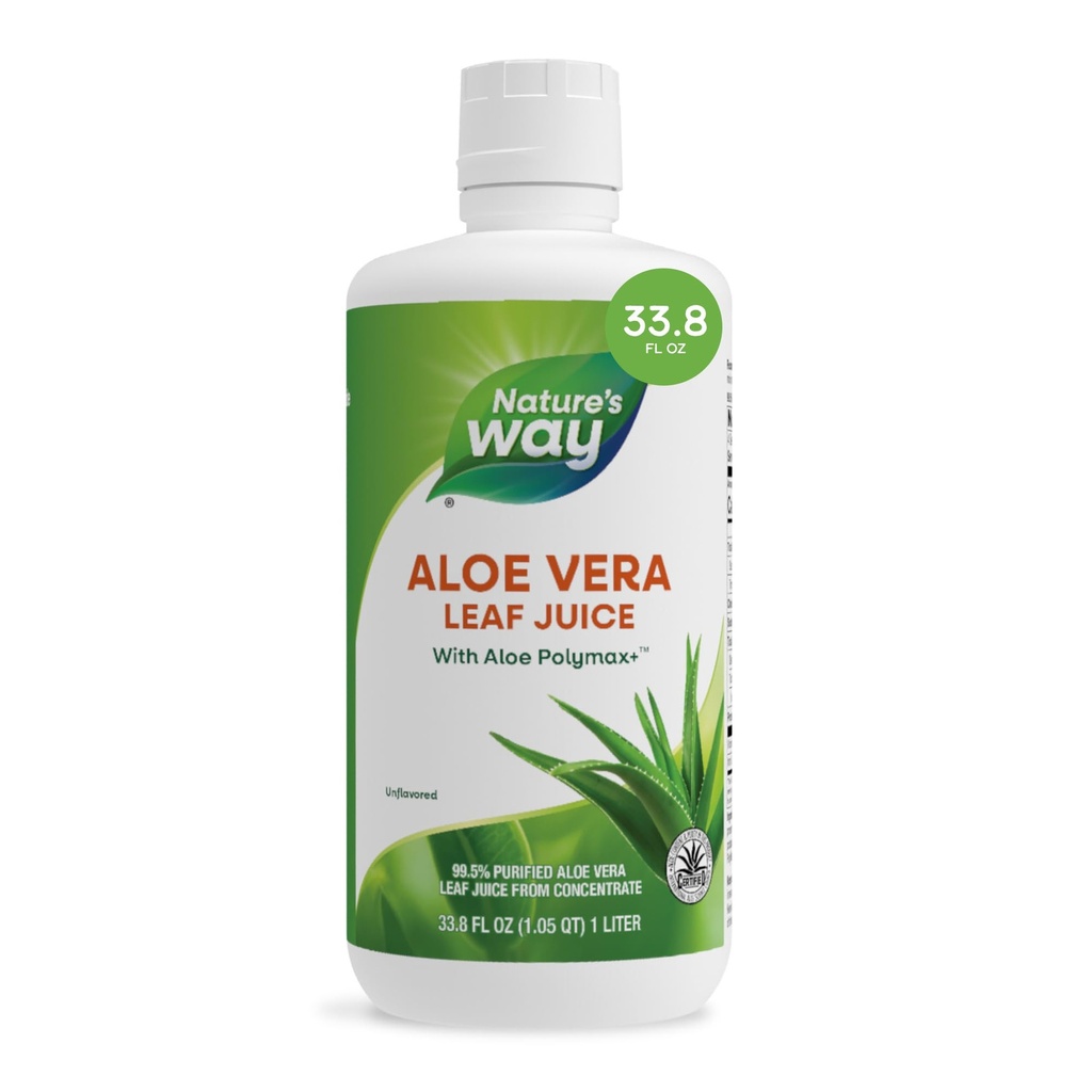 Camino de la Naturaleza Aloe Vera Hoja Jugo con Polymax+, 99.5% Purificado Aloe Vera Hoja Jugo de Concentrado, Desarrollado, 33.8 Fl Oz