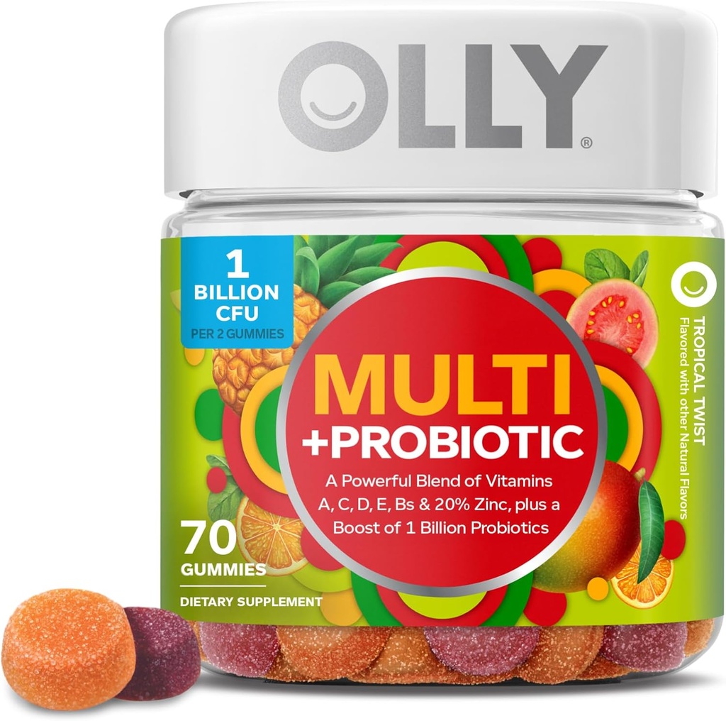 OLLY Multi + Probiótico Adulto Multivitamina Gummy, 1 billón de UF, Digestivo e Inmuno Apoyo Chewable Suplemento, Twist Tropical, 35 Day Supply - 70 Cuenta
