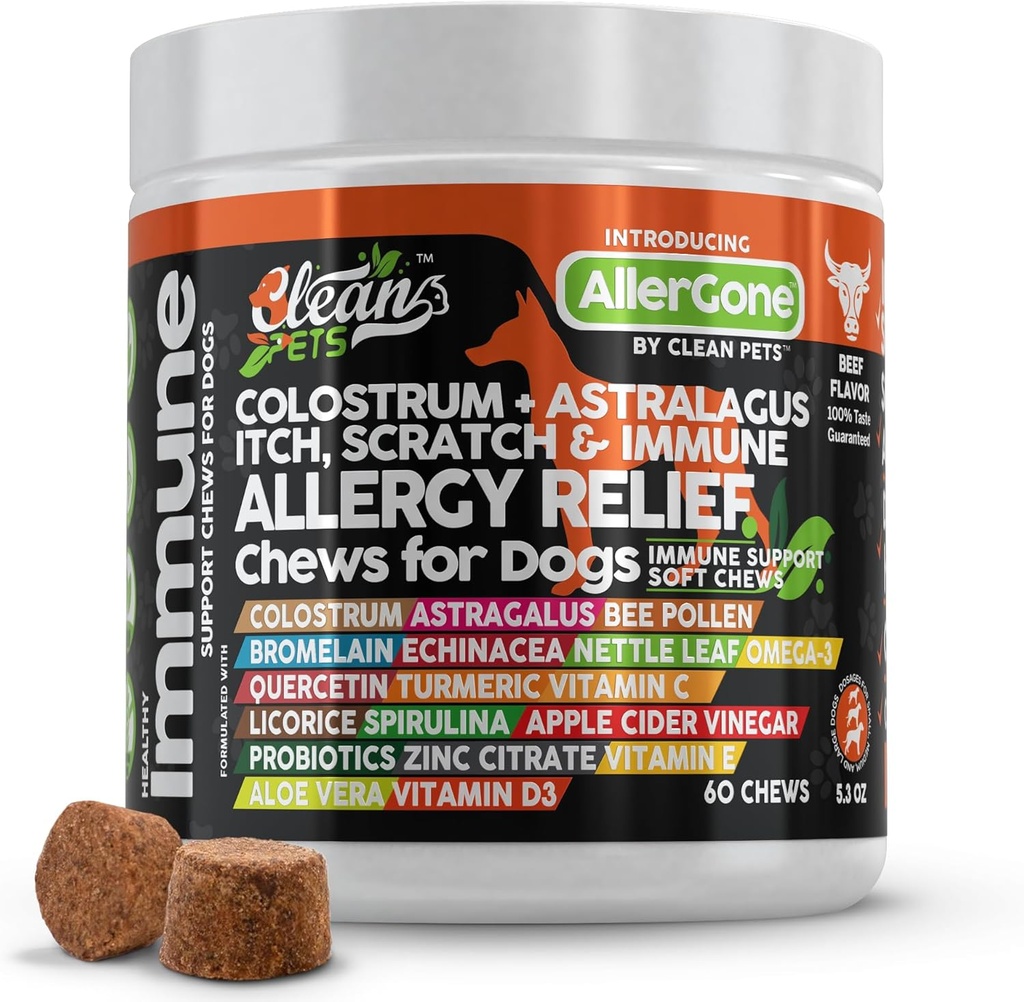 Alivio de la alergia del perro Astralagus Omega 3 Bee Pollen Bromelain Echinacea Nettle Leaf Quercetin Licorice Root Spirulina ACV Immune - Pack of 1