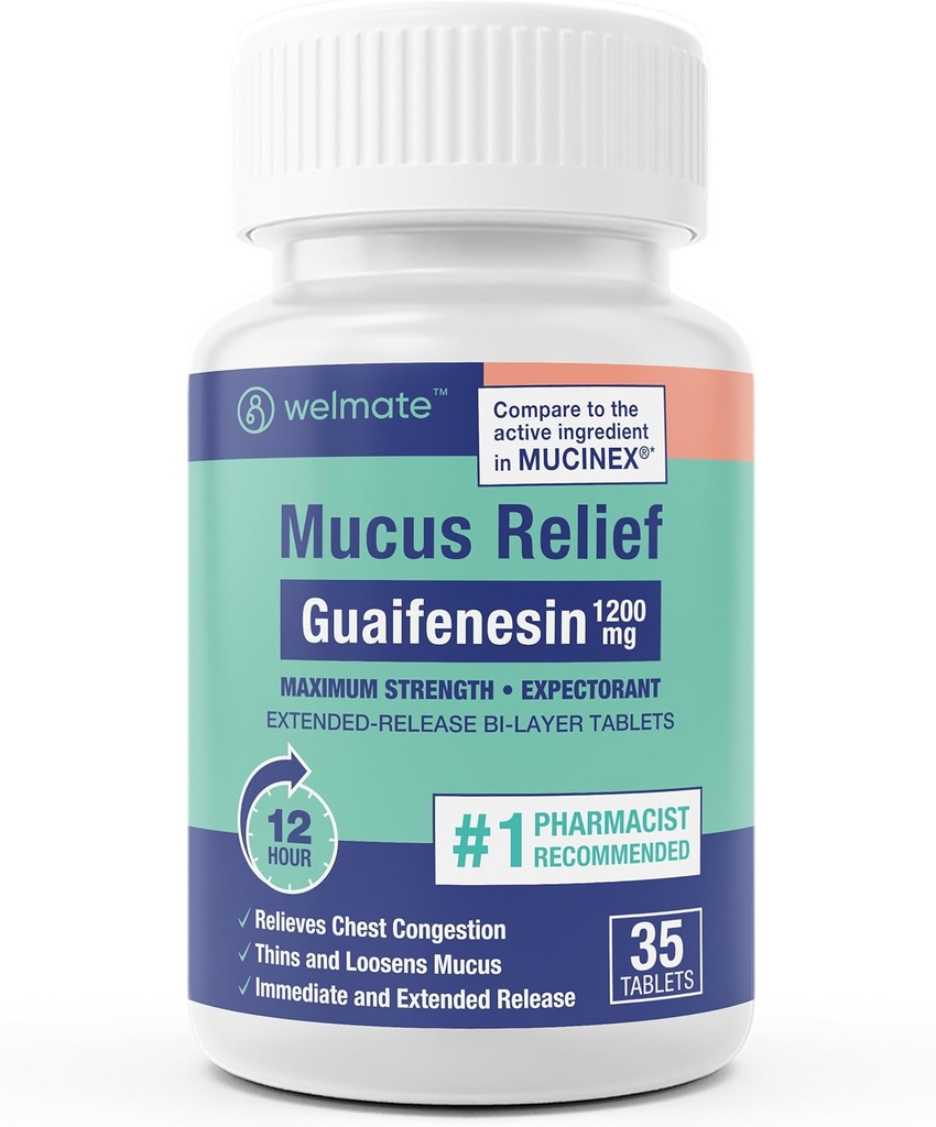 WELMATE - Guaifenesin 1200mg (35 Tablets) - Mucus Relief - Expectorant - Cough ' Cold - 12 Hr Support - Extended-Release Bi-Layer Tablets - Over-The-Counter Medication