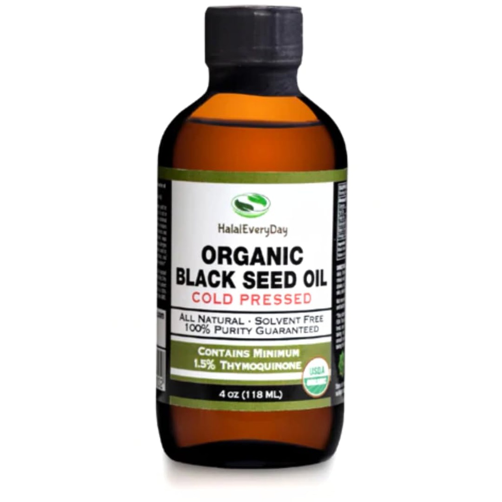 Aceite de semilla negro orgánico - USDA Certified Cold Presionado de vidrio Botella Más 1.5% Timoquinone 3X Strength Turco Negro Cumin Nigella Sativa No GMO 100% Puro Aceite de color negro (4oz Botella de vidrio)
