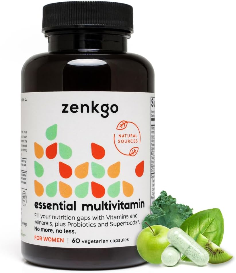 Zenkgo Multivitamínicos + Alimentos completos orgánicos+Probióticos para Mujeres, Apoya la Inmunidad, Digestión, Energía, Salud Gut, Vitaminas A, E, B6, B12, Vegan D3, K2 (MK-7), Folato, Minerales, Superalimentos(60Ct/30Day)