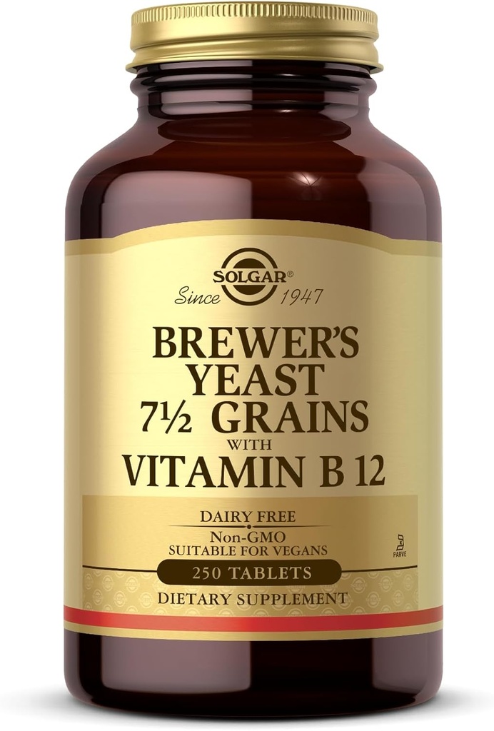Levadura de la cerveza Solgar 7 1⁄2 Grainas con vitamina B12 - 250 Tabletas - No GMO, Vegan, Dairy Free, Kosher - 41 Servimientos