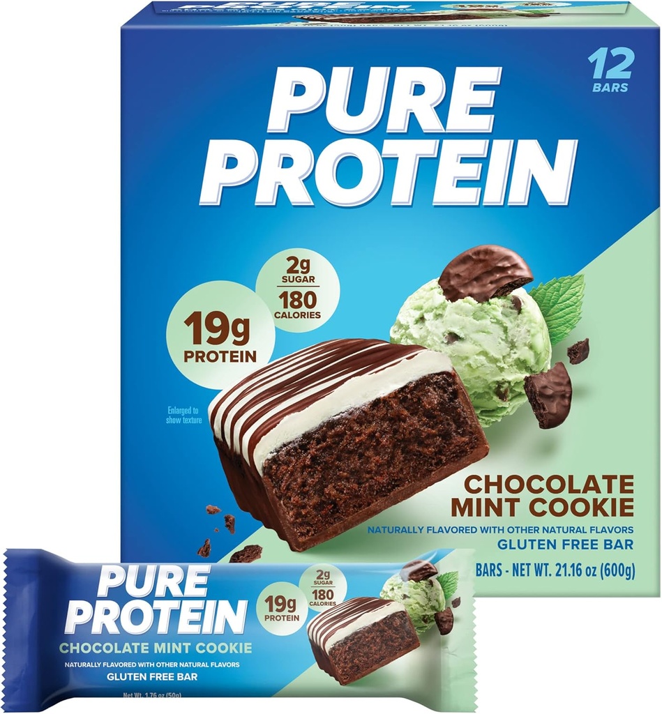 Barras de proteína puras, alta proteína, nutritious Snacks to Support Energy, bajo azúcar, sin gluten, Chocolate Mint Cookie,1.76oz, 12 conde (Packaging May Vary)
