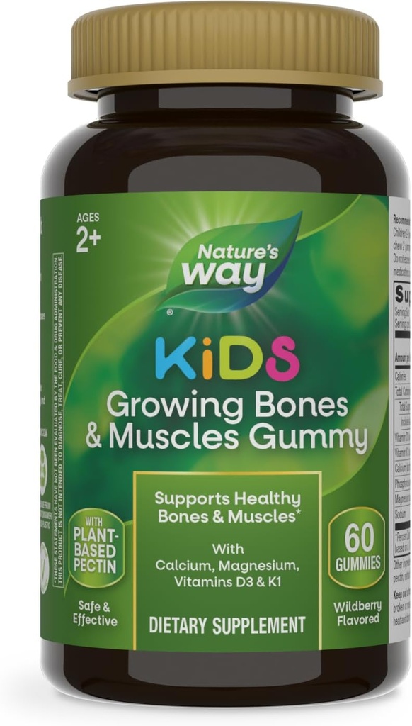 Camino de la Naturaleza Niños Creciendo Huesos &amp; Musculos Gummies, Apoya Huesos y Musculos Saludables*, Calcio, Magnesio, Vitaminas D3 &amp; K1, Edades 2+, Sabor de Fresa, 60 Gummies (Paquete Mayo Vary)