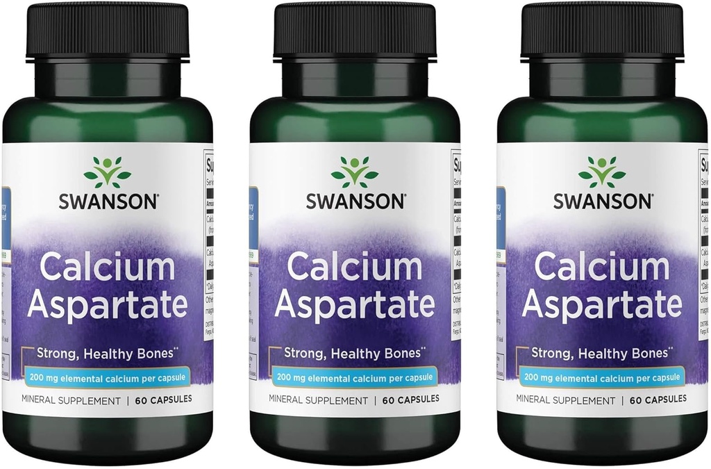Swanson Calcium Aspartate - Suplemento Herbal Promocionando Hueso, Corazón, &amp; Muscle Health - Natural Formula Promoting Total Body Wellness - (60 Capsules-200mg Cada uno) (3 Pack)