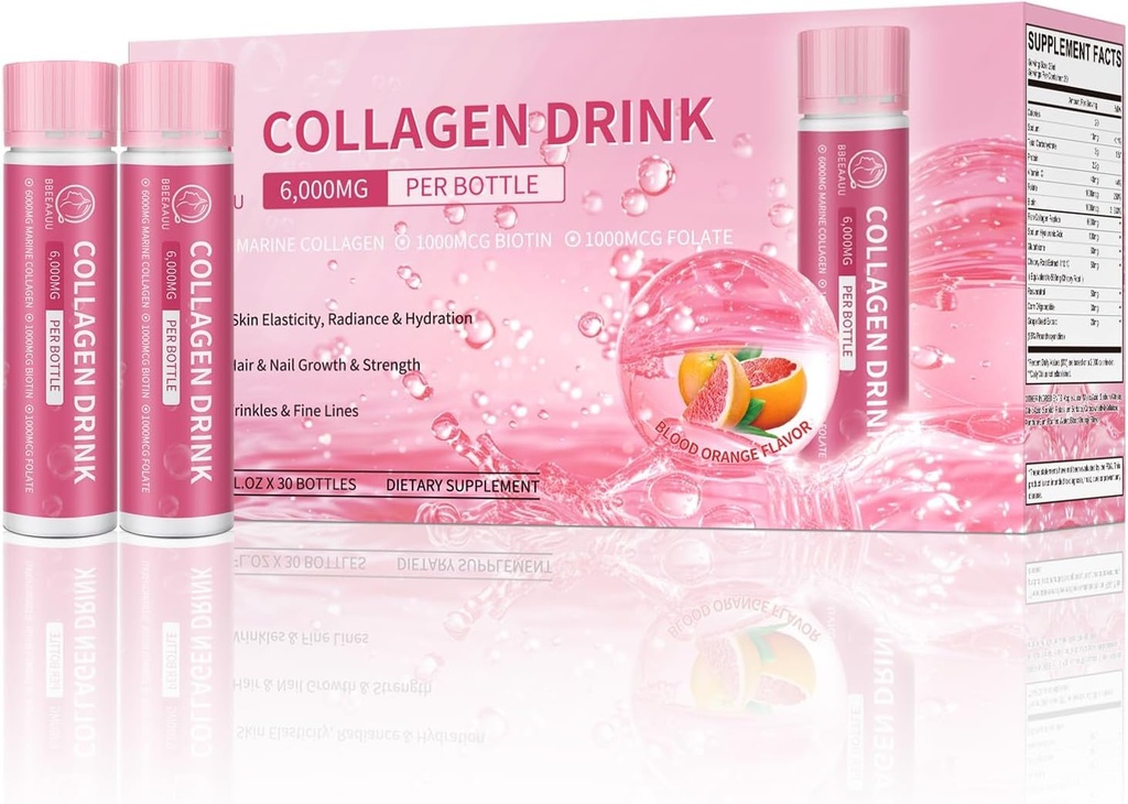 Bebida de colágeno con 6000 mg Peptidos de colágeno marino, Zapatos de colágeno líquido para mujeres Soporte Belleza, Suplementos de colágeno para la piel, el cabello y la salud, 0.85 Fl.Oz(25 ml)x30 Botellas, Naranja de sangre
