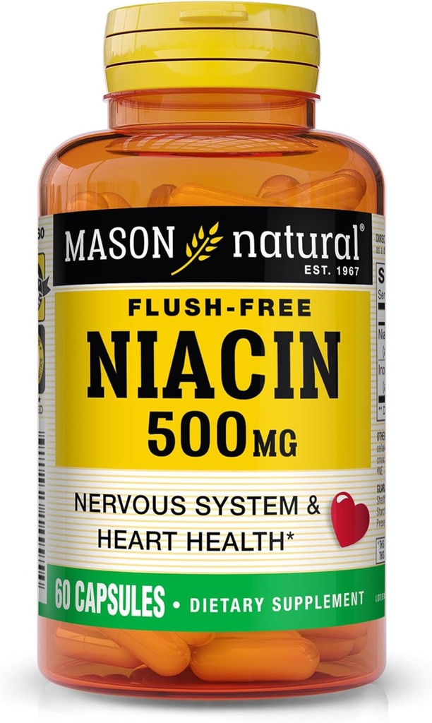 MASON NATURAL Niacin 500 mg Flush-Free, soporta la salud cardíaca, sistema nervioso " producción de energía, 60 cápsulas