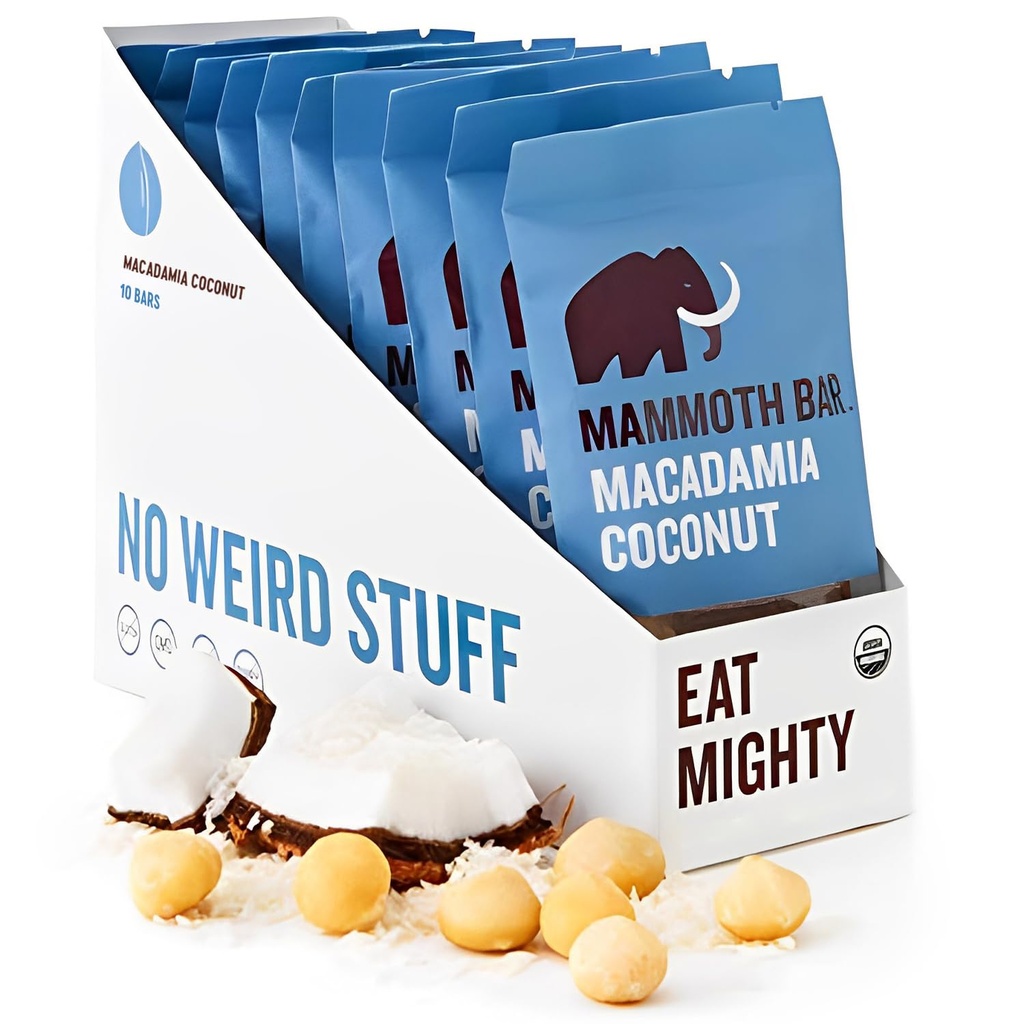 Mammoth Bar Macadamia Coconut Bar - 10 Bares de Proteína Orgánica – Prebiótico • Paleo • Gluten Gratis • Egg Protein • GMO Gratis • Raw • Premium Nuts