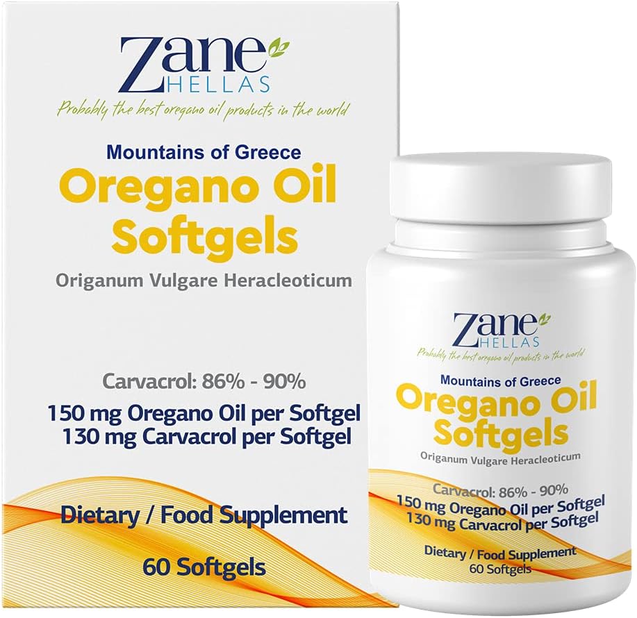 130 mg Carvacrol - 150 mg de aceite de orégano por Softgel. Cápsula de aceite de orégano más alta del mundo. Zane Hellas Oregano Oil. Softgel Contiene 30% de aceite esencial griego de orégano. 60 Softgels.
