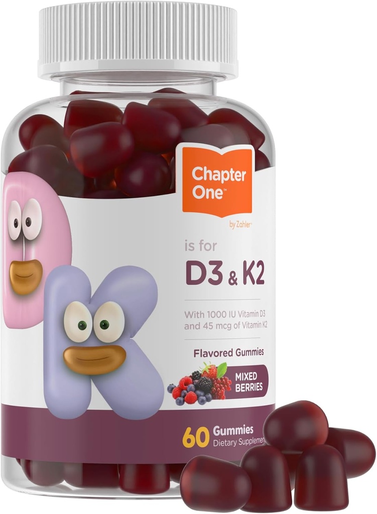 Zahler Capítulo Uno Vitamina D3 K2 Gummies, Contiene 1000IU de vitamina D3 y 45MCG de vitamina K2, D3 &amp; K2 Suplemento Gummy, Kosher, 60 Gummies