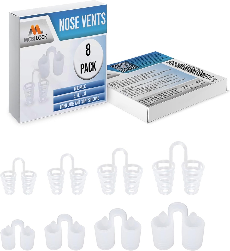 Nose Vent Sinus Relief Dilator (Pack of 8 Various Sizes) - Una solución sencilla para los ronquidos nasales - Reutilizable Dispositivo de ronquido para disfrutar del sueño de una noche pacífica - por Mobi Lock