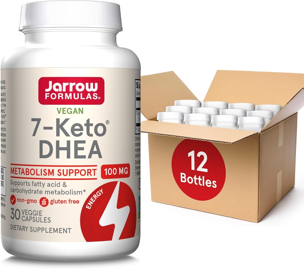 Jarrow Fórmulas 7-Keto DHEA 100 mg, Suplemento dietético para ácidos grasos y apoyo al metabolismo de carbohidratos, 30 cápsulas de verduras, fuente de 15-30 días, paquete de 12