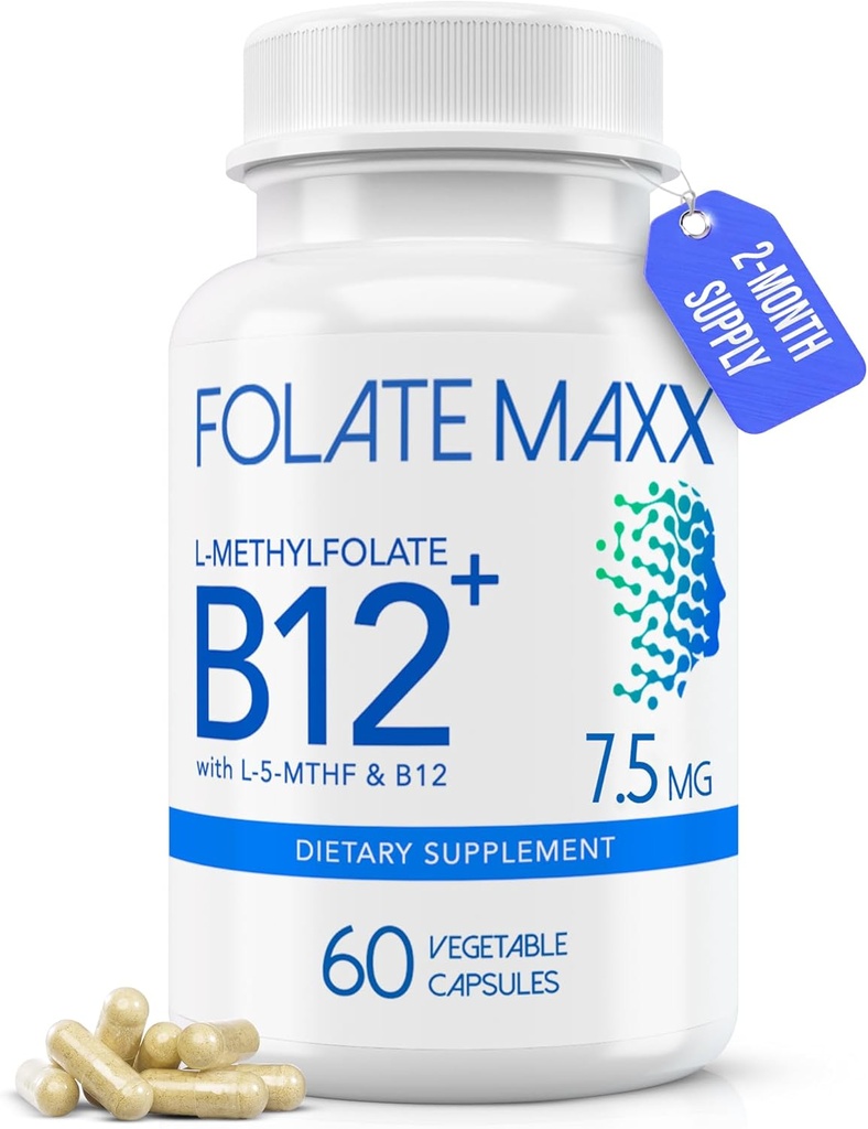 L-Methylfolate + B12 Methylcobalamin Blend 7.5mg - 60 cápsulas - ácido fólico activo " Metilcobalamina Blend 7.5mg " - 60 cápsulas - ácido fólico activo " Methylated B12-5-MTHF " B12 Suplemento para hombres " mujeres no OMG, sin gluten