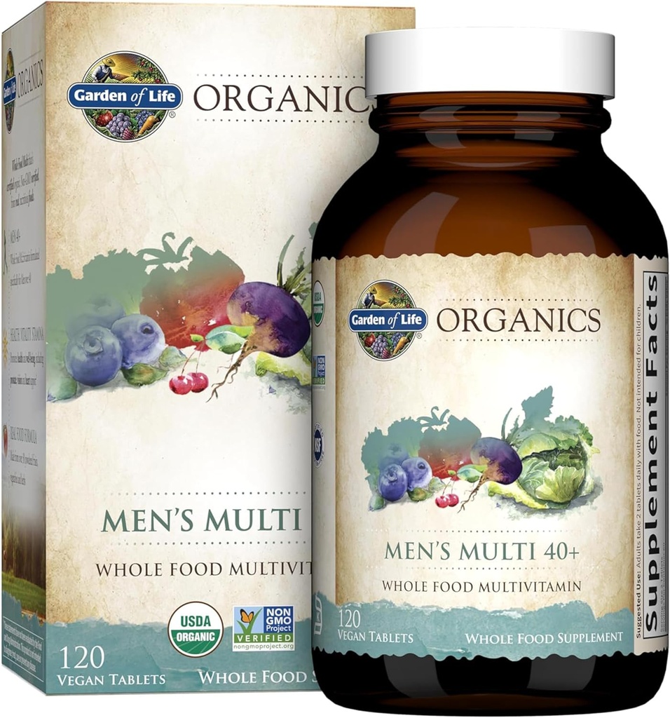 Jardín de la Vida Orgánicas Alimento completo Multivitamínico para Hombres 40+ 120 Tabletas, Hombres veganos Multi para la Salud &amp; Bienestar Certificado Orgánica entera Vitaminas &amp; Minerales para Hombres Más de 40 Mens Vitaminas
