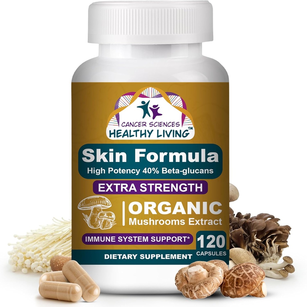 Cancer Sciences Skin Wellness Suplemento, USDA Certified Organic Extract Mushrooms Suplemento, Extra Strength 1,500 mg, High Potency 40% Beta-Glucans, Immune Support, Glowing Complexion, 120 cápsulas