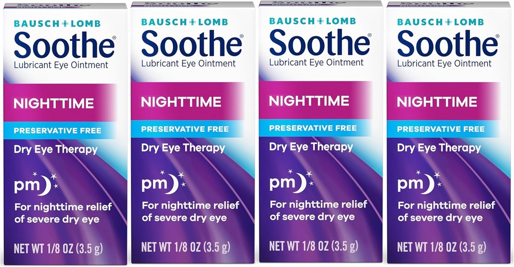 Ungüento Ojo Soothe por Bausch &amp; Lomb, Alivio Lubricante para Ojos Secos, Moisturizing &amp; Comforting Nighttime Dry Eye Therapy, Adecuado para Ojos Sensitivos, Libre Conservador, 3.5 g - 4 Pack