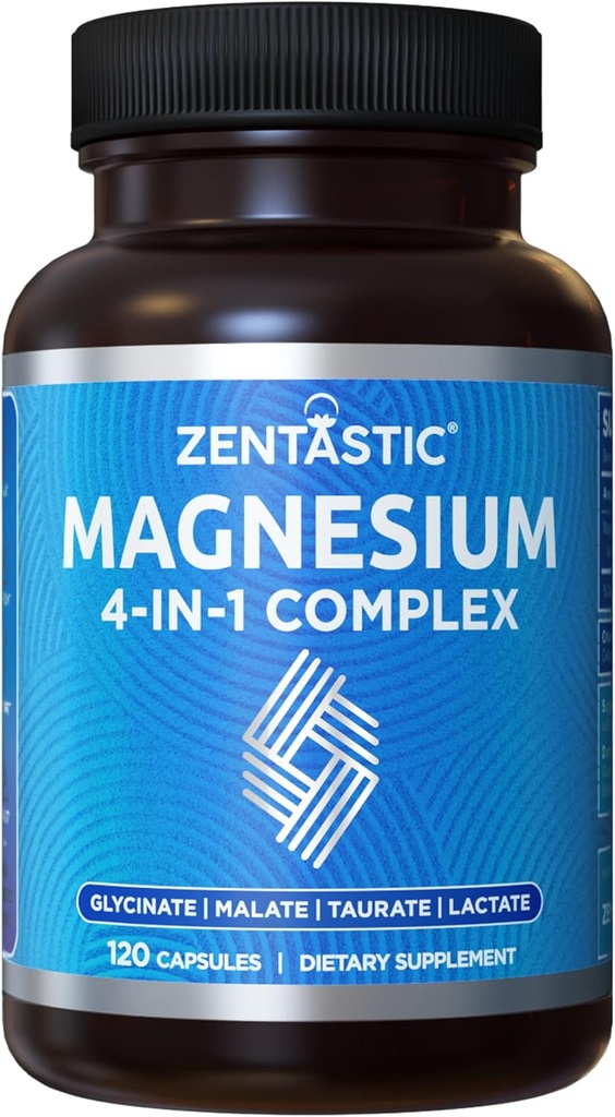 Complejo de Magnesio Zentastico 4-en-1 Suplemento – Magnesio Glycinate, Malate, Taurate & Lactate – Alta Absorción Chelated para Nerves, Muscles, Bones & Immune Support – 120 Capsules