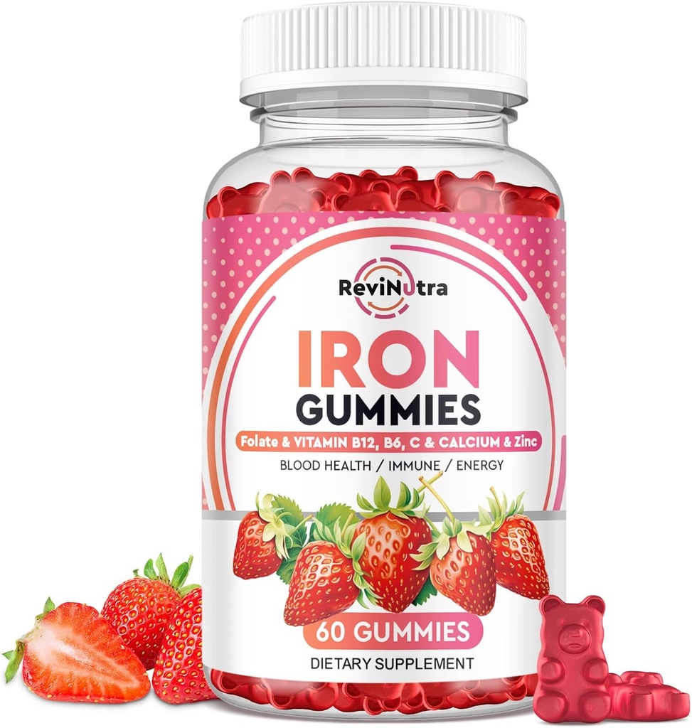 Gotas de hierro - con calcio, zinc, folato " Vitamina B12, C,B6 para adultos " Niños - Constructor de sangre " Apoyo energético para la deficiencia de hierro, anemia, Vegan - 60 Gummies