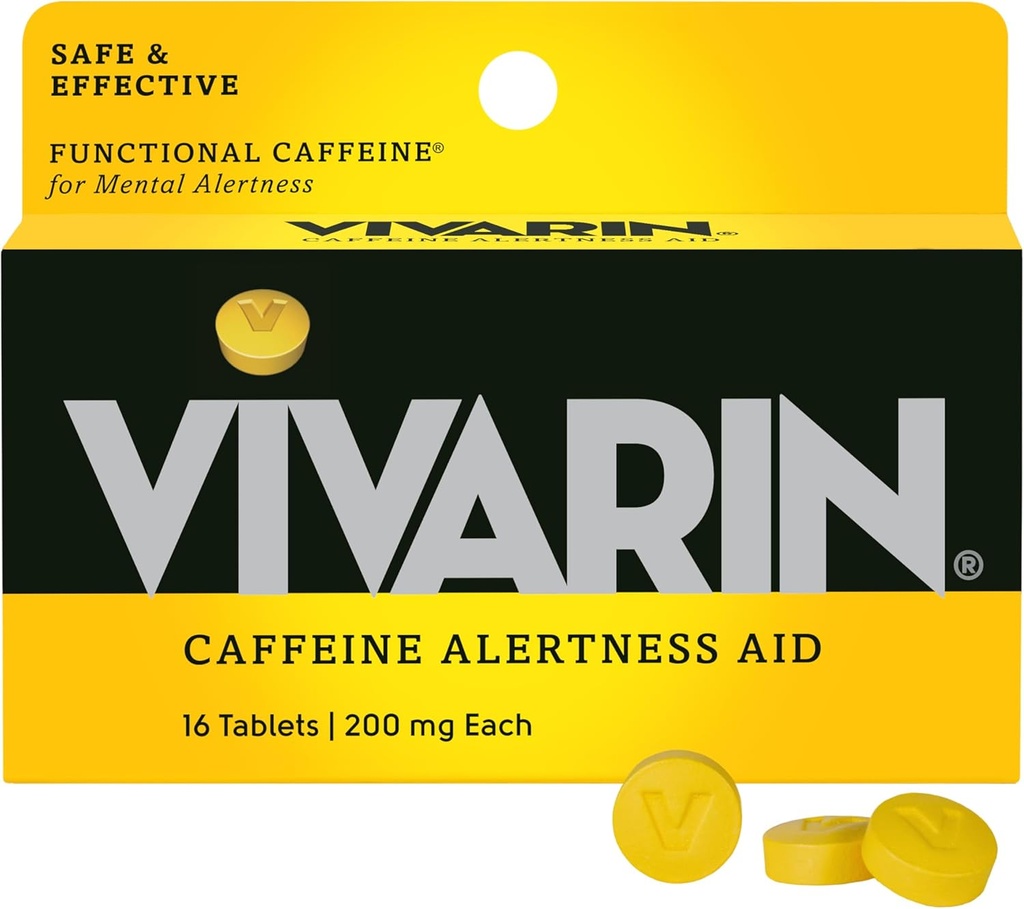 Vivarin, Caffeine Pills, 200mg Caffeine per Dose, Safely and Effectively Helps You Stay Awake, No Sugar, Calories or Hidden Ingredients, Energy Supplement, 16 Tablets