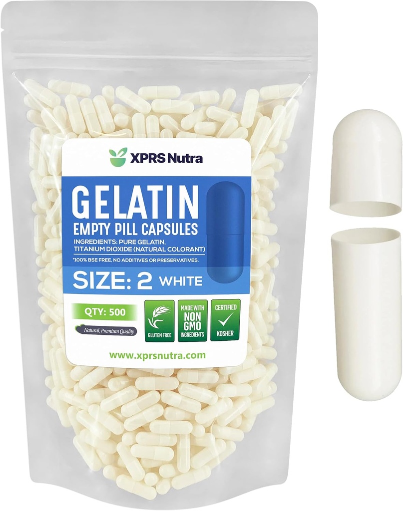 XPRS Nutra Size 2 Empty Capsules - 500 Count Empty Gelatin Capsules - Pills DIY Capsule Filling - Pure Bovine Pill Gel Caps for Do-It-youself Supplements (White)