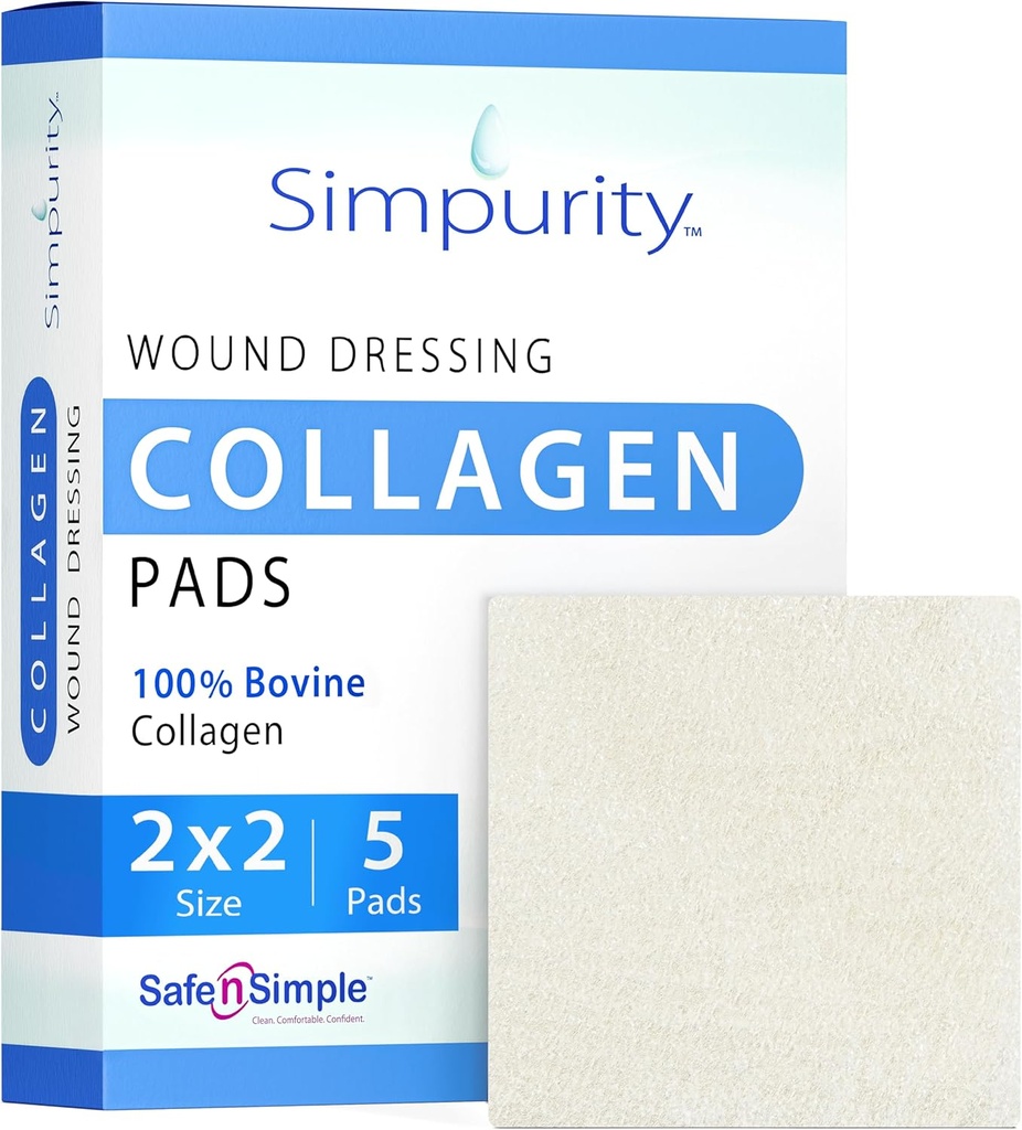 Collagen Dressing Pads - 2" x 2" 5 Conde Collagen Pads for Wounds - No Adherente Collagen Dressing for Wound Care - Seguro n' Simple Wound Care Supplies