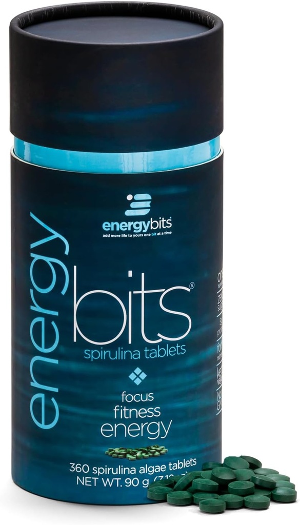ENERGYBITS - Tablas ecológicas de espirulina - Superalimentos de algas de base vegetal - para Focus, Fitness, Energía - Proteína vegetal - Gratuito de gluten - Collagen, Vitamina B12, Omega 3 - Keto & Vegan - 360 Algas Tabletas