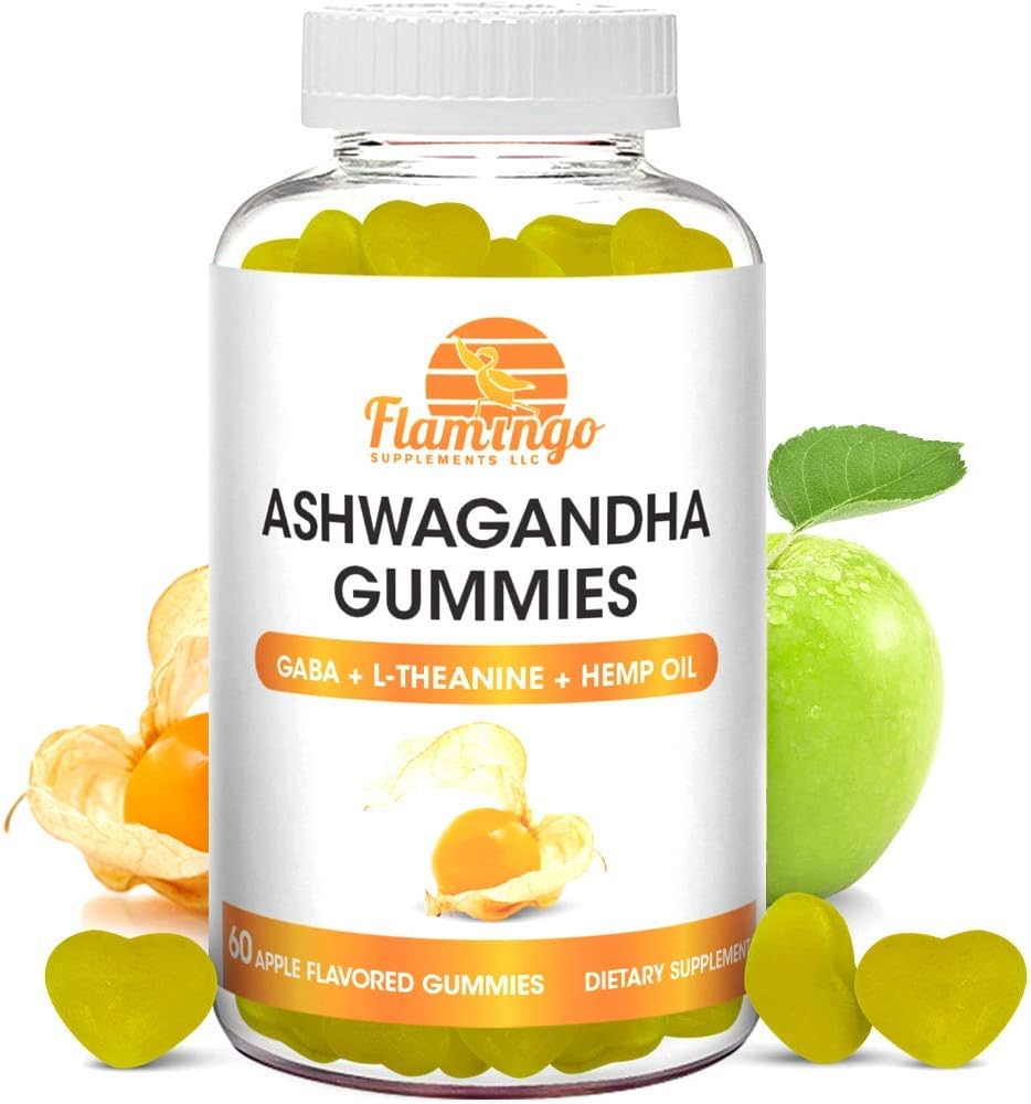 Ashwagandha Gummies con L-Theanine, GABA y cáñamo naturalmente saboreado, Vegan Ashwagandha suplemento extracto de raíz, L Theanine Gummy, Stress Gummy, Mood Gummy, Cortisol Manager- 60 Conde