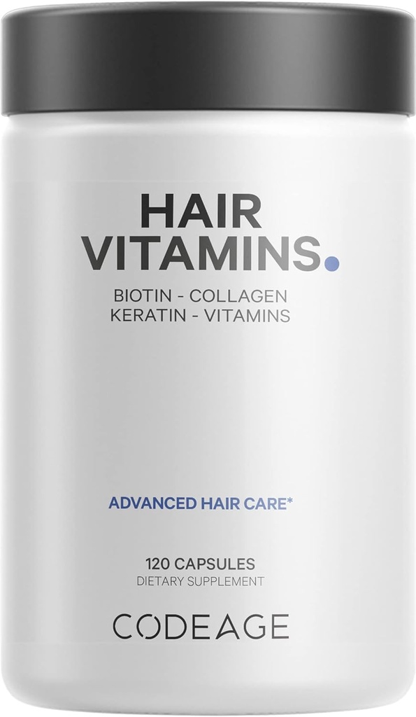 Codeage Hair Vitamins 10000 mcg Biotin, Keratin, Collagen, Vitamina A, B12, C, D3, E, Zinc, Turmérica, Probióticos, Enzymes, Inositol - Cuidado del cabello Soporte - Saludable Hair Supplement Pills - 120 Capsules