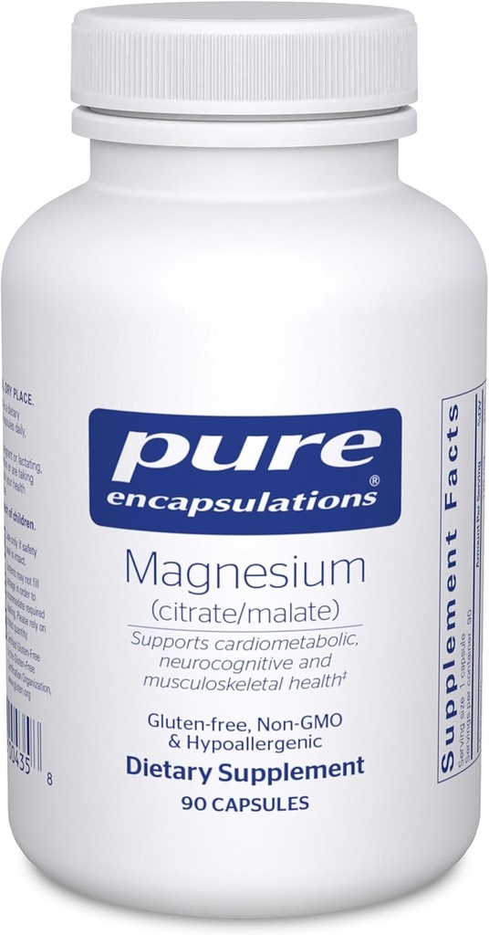 Encapsulaciones puras Magnesio (Citrate/Malate) - Suplemento Magnesio para apoyar la utilización de nutrientes, energía, huesos y salud cardíaca* - con Citrato de magnesio " Malate - 90 cápsulas