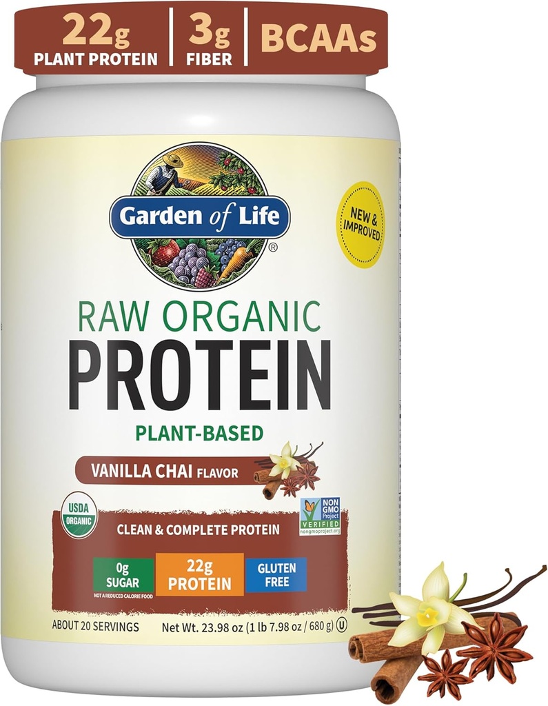 Jardín de vida Pólvora orgánica de proteína vegana, planta basada " BCAAs, pólvora de proteína orgánica con probióticos " Enzymes, no GMO, libre de lactosa sin gluten, Vanilla Chai, 1.2 LB