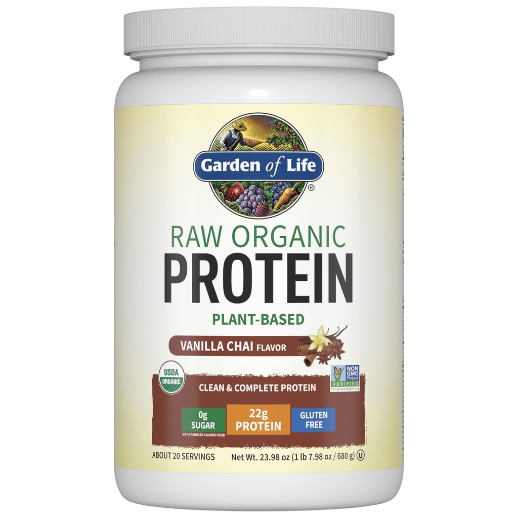 Jardín de vida Pólvora orgánica de proteína vegana, planta basada " BCAAs, pólvora de proteína orgánica con probióticos " Enzymes, no GMO, libre de lactosa sin gluten, Vanilla Chai, 1.2 LB