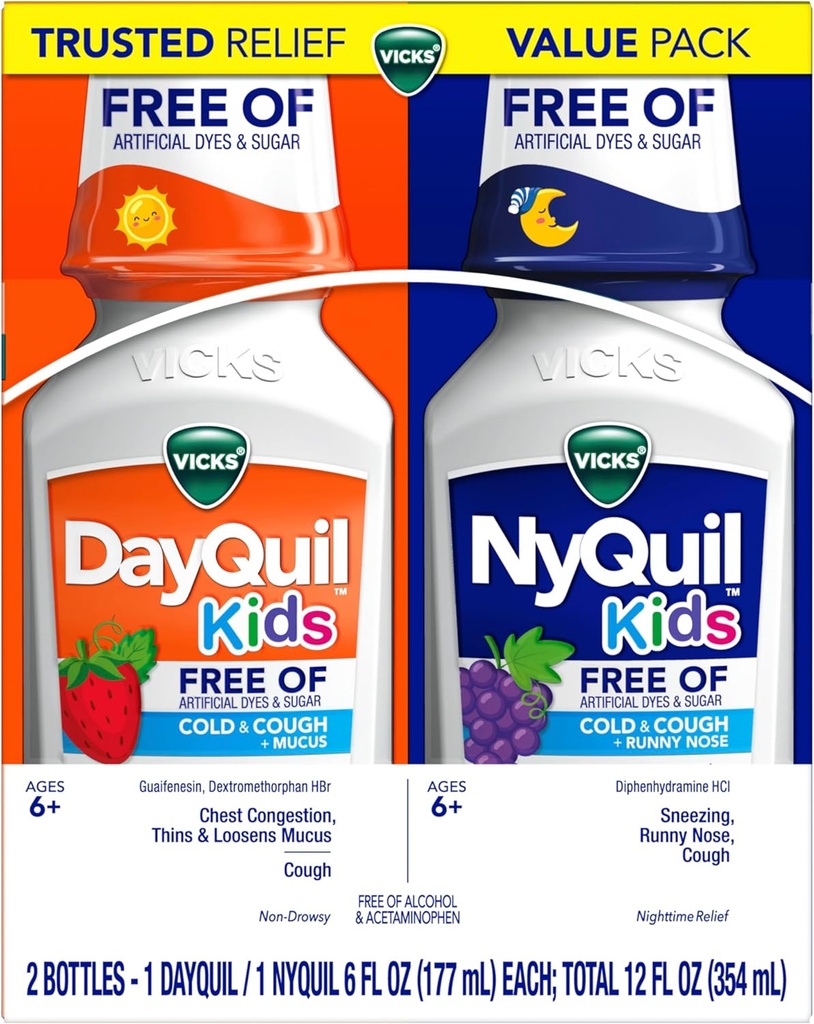 Vicks Kids DayQuil &amp; NyQuil Cold &amp; Cough Relief Liquid Co-Pack, Free of Artificial Dyes & Sugar, Multi-Symptom Relief of Cough, Sneezing, Runny Nose, Mucus, and Chest Congestion, for Ages 6+, 2x6oz