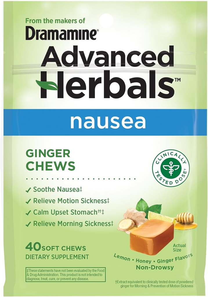 de los fabricantes de Dramamina, Herbals avanzados, Mandíbulas de jengibre, Mandíbulas suaves de Nausea Lemon-Honey-Ginger, 40 Conde