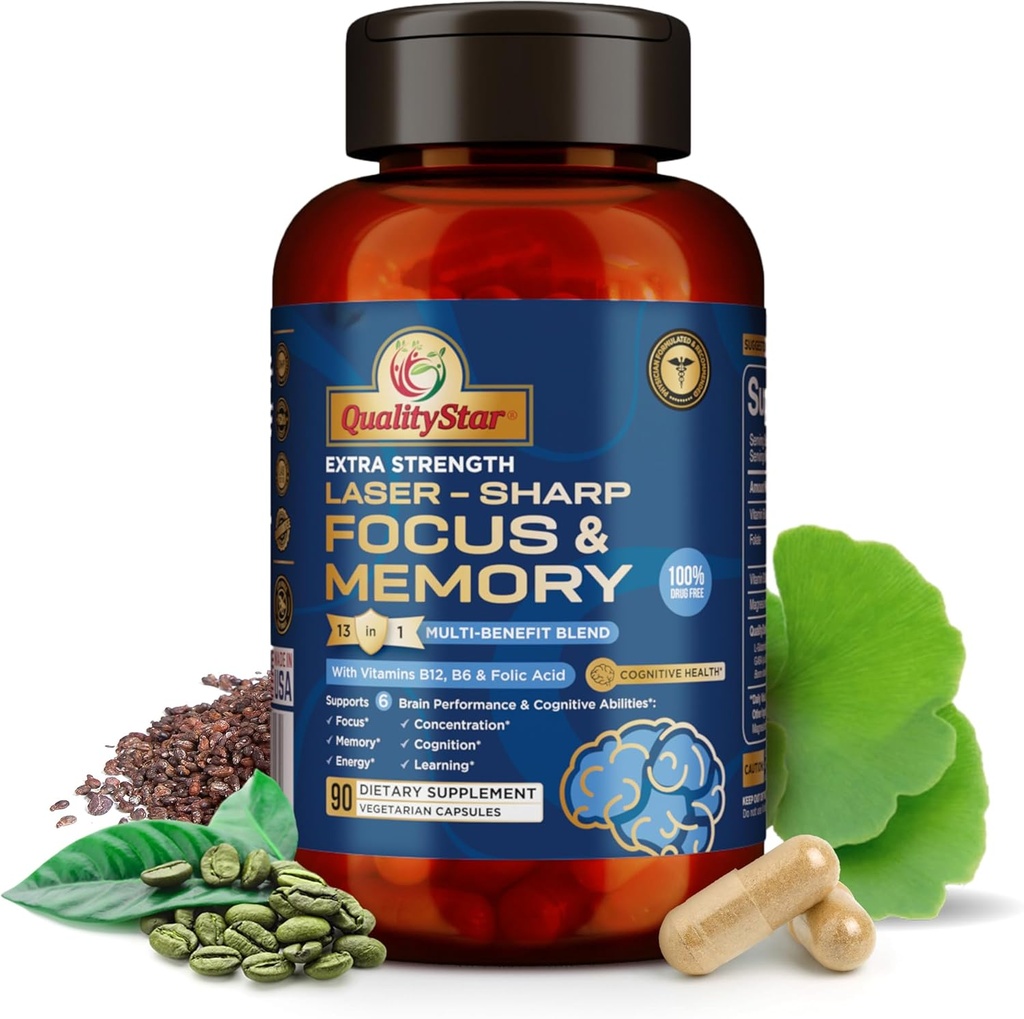 Vitaminas de Focus and Memory, 13-in1 Multi-Benefit Blend for Cognitive and Brain Health, Memory Supplement for Brain, 90 cápsulas vegetarianas