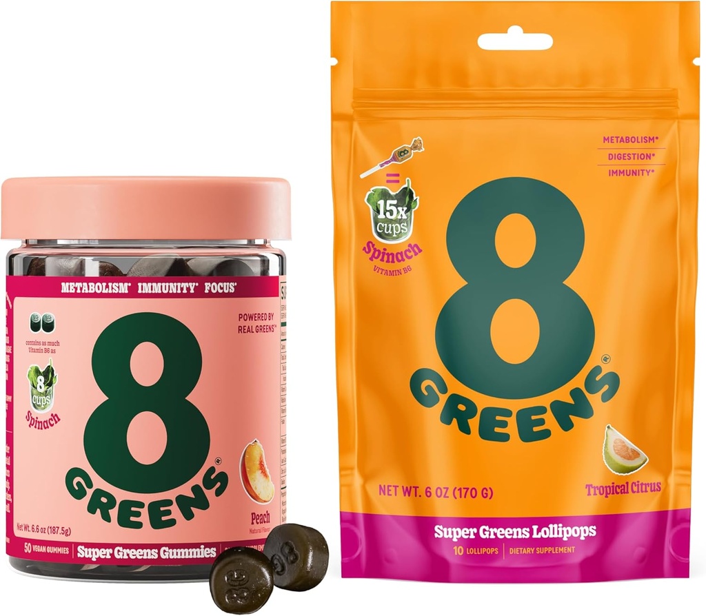 8Greens Daily Greens Gummies and Lollipops, Energy & Immune Support,Gluten-Free, Vegan, Non-GMO, No Artificial Colors &amp; Flavors