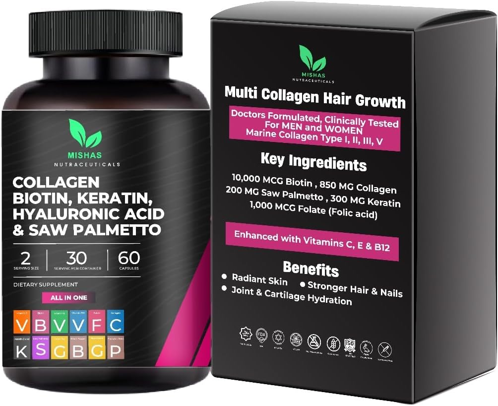 Píldoras de cabello multi colágeno - Biotina 10.000mcg, queratina & ácido hialurónico - Crecimiento del cabello - Esquí de pelo " uñas Vitaminas " Bloqueador DHT - Vitamina E Folic Acid Pumpkin Seed MSM, Saw Palmetto 60 cápsulas veganas